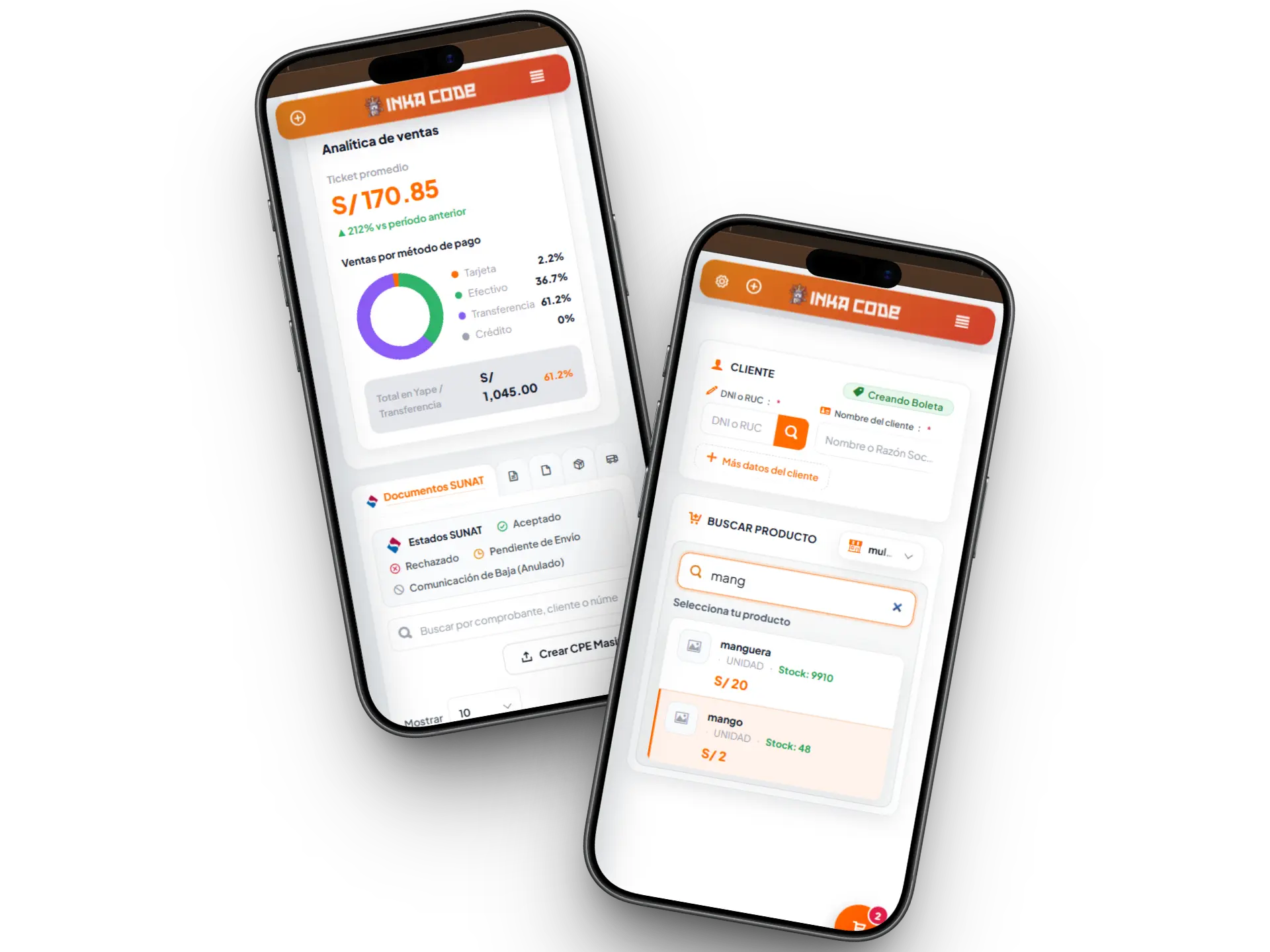InkaCode en dos teléfonos: analítica de ventas y creación de comprobantes